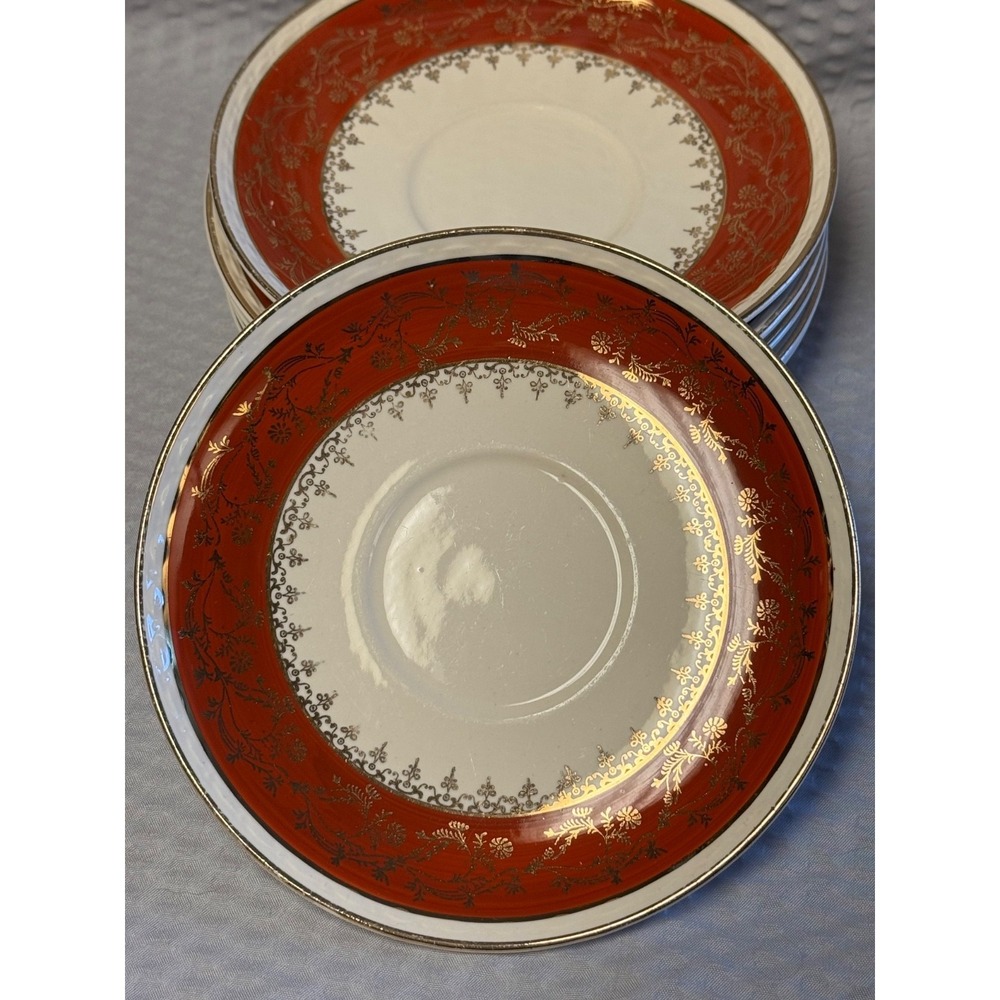 Vinatge USA Made Homer Laughlin Craftsman Formal Rust Red Saucer set/6-  6" Rare